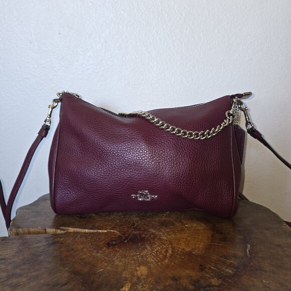 Coach Carrie Pebbled Leather Chain Crossbody Shoulder Bag Fuchsia Bordeaux - Picture 9 of 16